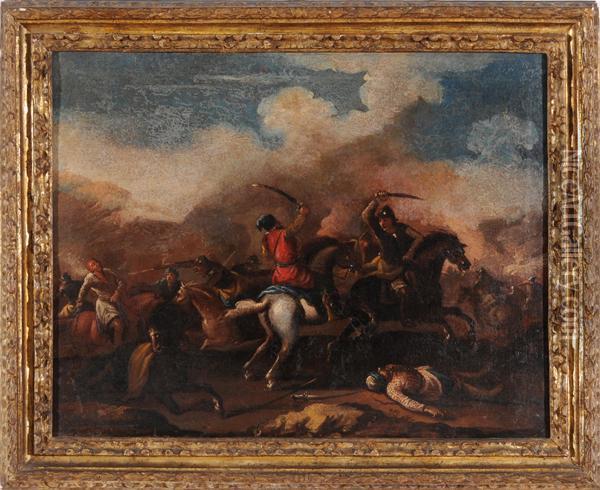Battaglia Con Due Cavalieri In Primo Piano Oil Painting - Guglielmo Cortese Il Borgognone