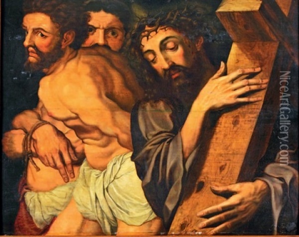 Le Christ Portant Sa Croix Avec Les Deux Larrons (2 Pieces) Oil Painting - Michiel Coxie III