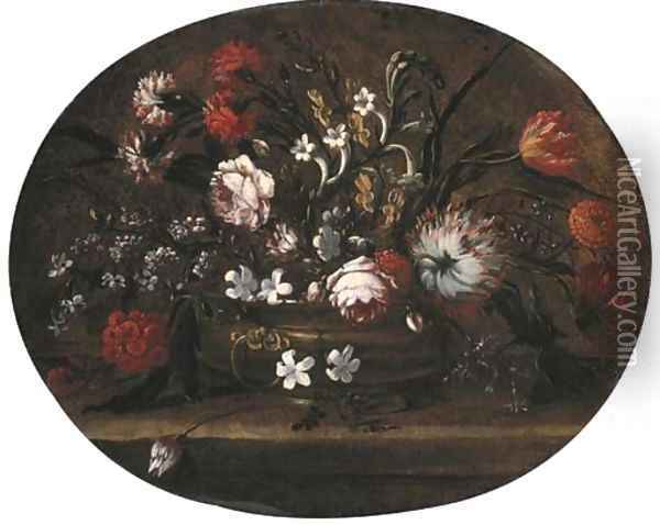 Roses, tulips, carnations and other flowers in a bronze vase on a ledge Oil Painting - Andrea Belvedere