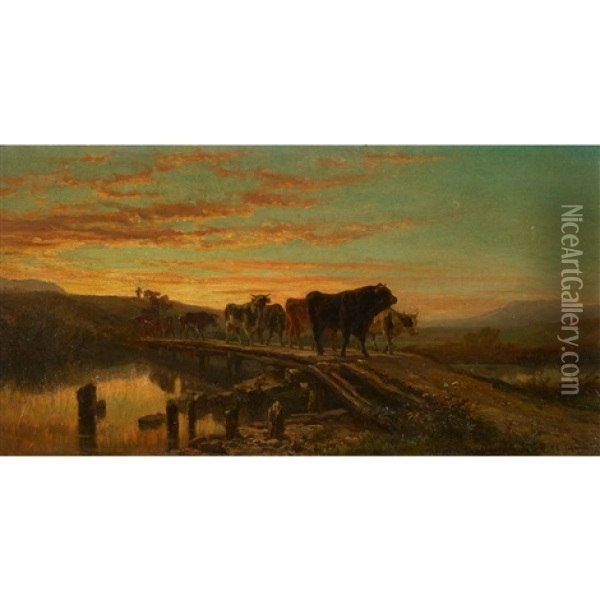 Viehherde Auf Holzbrucke Im Abendlicht Oil Painting - Pierre Alexandre Jeanniot