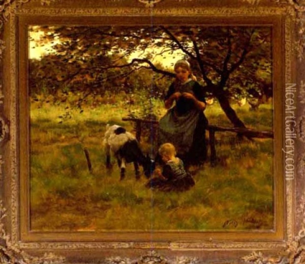 Pastoral Scene With Mother, Child And Goat Oil Painting - Willy Martens