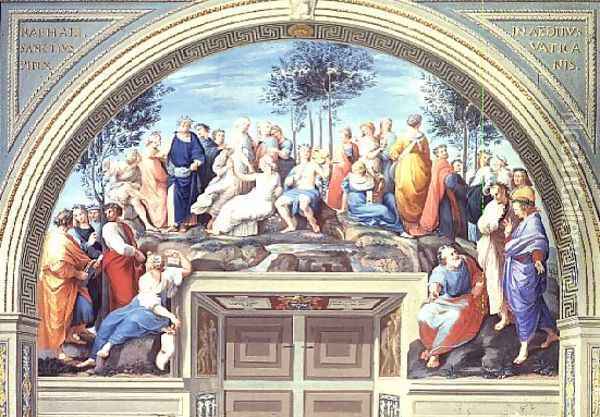 Parnassus and the Disputa, from the Stanza della Segnatura, print by Giovanni Volpato and Raphael Morghen Oil Painting - Raphael (Raffaello Sanzio of Urbino)