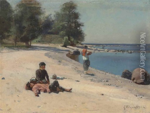 On The Beach Oil Painting - Nikolai Grigor'evich Bogdanov