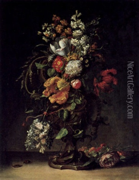 Ein Blumenstraus Mit Rosen, Tulpen Und Anderen Bluten In Einer Skulptierten Steinvase Oil Painting - August Wilhelm Sievert