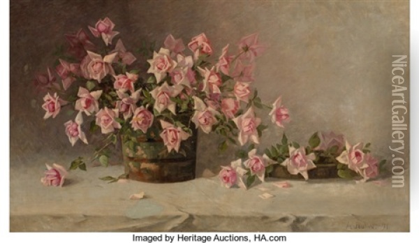 Still Life With Pink Roses Oil Painting - Amedee Joullin