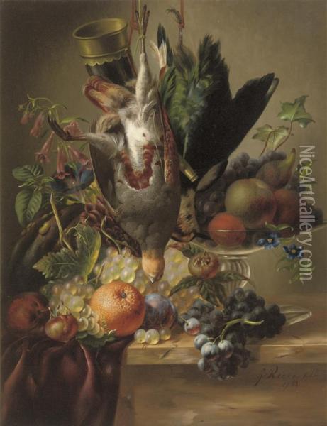 A Partridge, A Plover, Fruit And Flowers Oil Painting - Johannes Jun Reekers