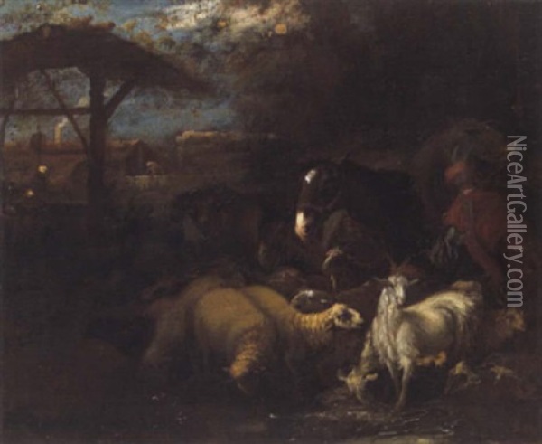 Hirten Mit Herde In Einer Landschaft Mit Bauerngehoft Oil Painting - Giovanni Benedetto Castiglione