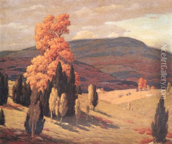 Landscape With Trees, Figure And Cow Oil Painting - Andrew Thomas Schwartz