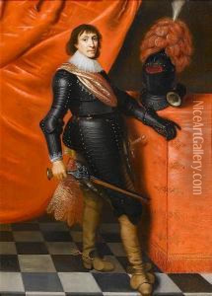Portrait Of Christian The Younger, Duke Of Brunswick And Bishop Of Halberstadt, Full-length, In Armour, Holding A Wheel-lock Pistol, Standing Beside A Draped Table With A Plumed Helmet, Before A Red Curtain Oil Painting - Harmen Willemsz. Wieringa