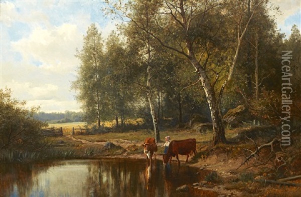 Landskap Med Kor Och Vallflicka Oil Painting - Edward (Johan-Edvard) Bergh