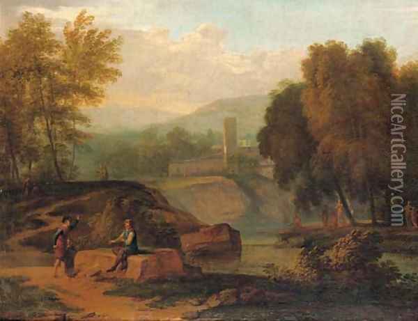 An Italianate landscape with figures conversing on the banks of a river, mountains beyond Oil Painting - Jan Frans Van Bloemen, Called Il Orrizonte