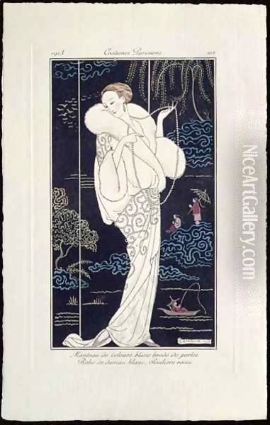 Wep.896 White Velvet Mantle Embellished with Pearls Oil Painting - Georges Barbier