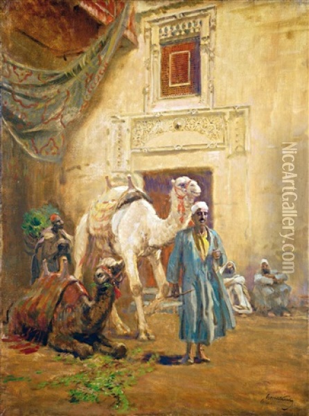 Oriental Street Detail With Arabic People Oil Painting - Karoly Cserna