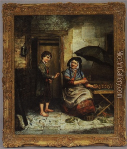 An Old Apple Vendor And Mischievous Boy Oil Painting - Erskine Nicol