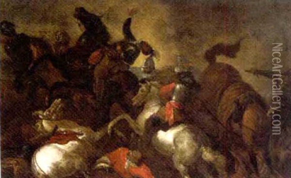 A Cavalry Skirmish (+ Cavalrymen After A Battle, Pair) Oil Painting - Giovanni Tuccari