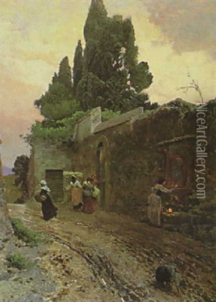 Italienische Bauerinnen Auf Der Landstrase Bei Einer Parkmauer Und Vor Einem Andachtsbild Oil Painting - Pio Joris