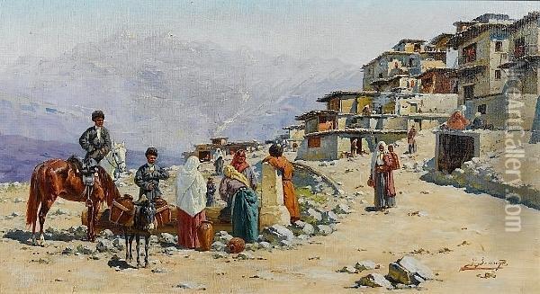 Caucasian Village Scene Oil Painting - Richard Karlovich Zommer