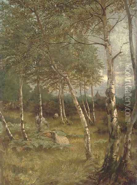 Sheep grazing among silver birch trees Oil Painting - John Theodore Heins