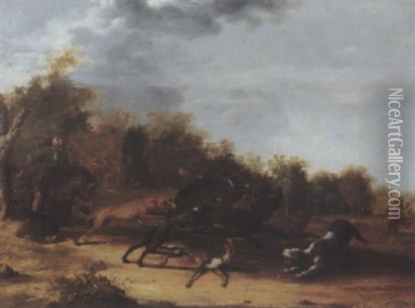 A Boar Hunt In The Forest Oil Painting - Ludolf de Jongh