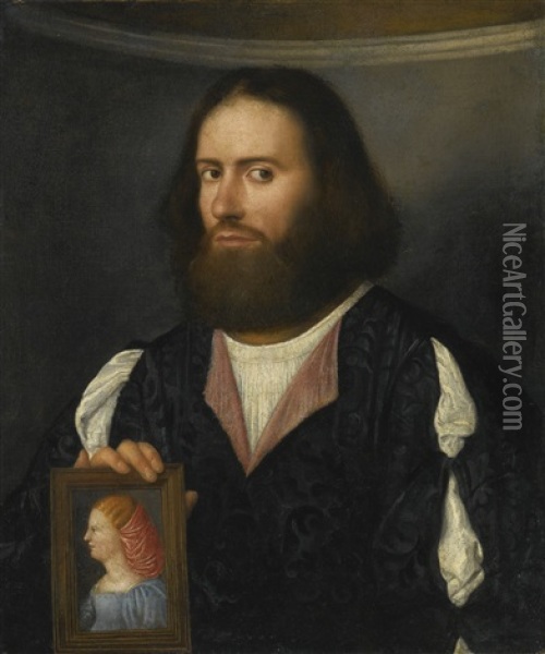 Portrait Of A Gentleman, Half Length, Holding A Portrait Of A Lady Oil Painting - Giovanni Cariani