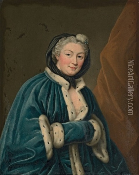Portrait Of A Lady In An Ermine-trimmed Blue Velvet Mantle And Muff Oil Painting - Francois Hubert Drouais