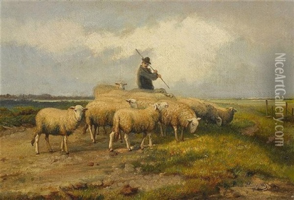 Schafer Mit Herde Auf Der Weide Oil Painting - Jef Louis Van Leemputten