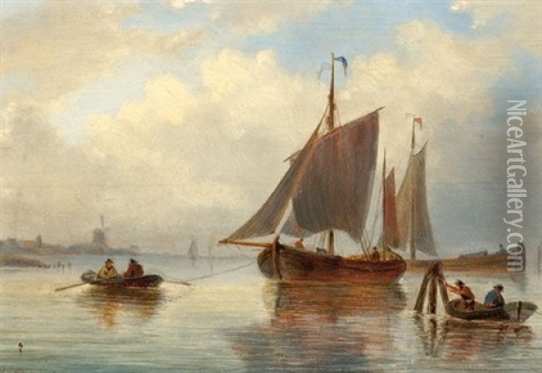 Boats On The Water (+ A Moored Boat With A Mill In The Background; 2 Works) Oil Painting - Johan Diderik Cornelis Veltens