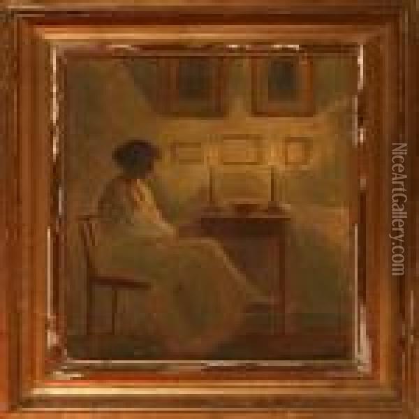 Interior With Awoman Oil Painting - Poul Friis Nybo