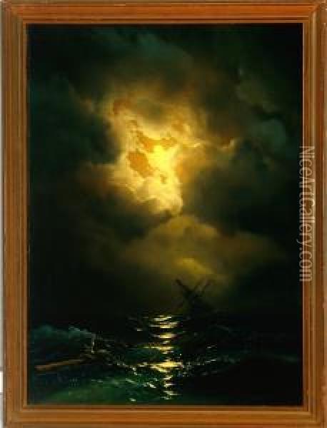 Marine With A Shipwreck In Moonlight Oil Painting - Ivan Konstantinovich Aivazovsky