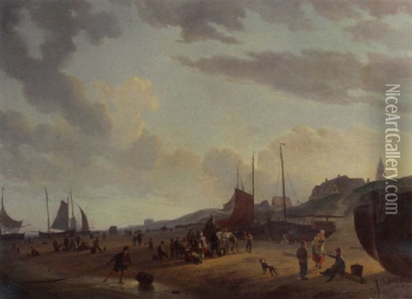 Busy Fisherfolk And Townsfolk On Scheveningen Beach In The Afternoon Oil Painting - Abraham-Johannes Couwenberg