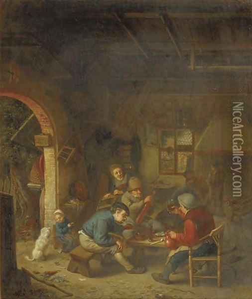 A violinist and peasants making merry outside an inn Oil Painting - Adriaen Jansz. Van Ostade