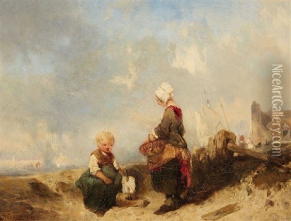 View Of A Dutch Coastline With A Child Playing Oil Painting - Charles Hoguet