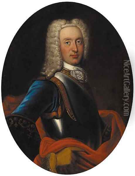 Portrait of a gentleman, half-length, in a blue coat, red wrap and breastplate Oil Painting - Philippe Mercier