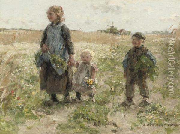 Children Walking In The Fields Oil Painting - Jan Zoetelief Tromp