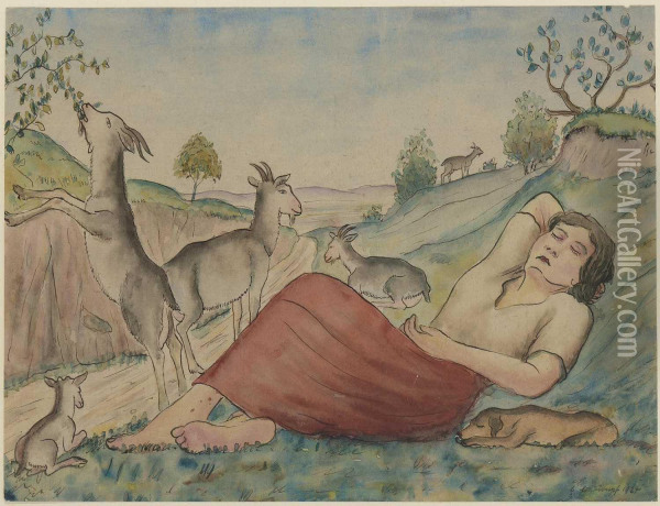 Schlafendes Madchen Mit Ziegen Oil Painting - Georg Schrimpf