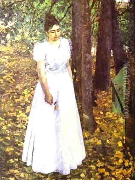 Autumn Young Woman In A Garden 1890-1891 Oil Painting - Bernardo Strozzi