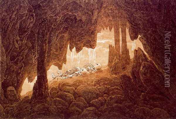 Skeletons in a Cave with Stalacties Oil Painting - Caspar David Friedrich