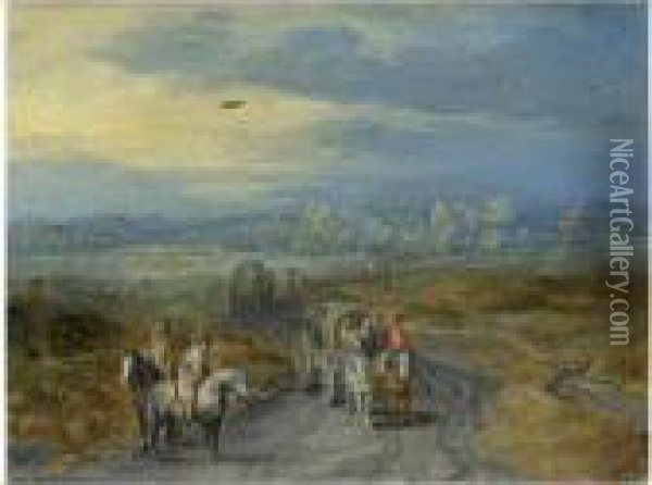 Travellers On A Country Road With A Village Beyond Oil Painting - Jan The Elder Brueghel