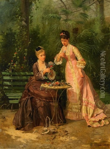 Blumenbindende Damen Im Gewachshaus Oil Painting - Conrad Kiesel