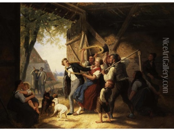 Scherzhafte Verabschiedung Eines Englisch-amerikanischen Besuchers In Einer Bauernscheune Oil Painting - Karl Wilhelm Hahn