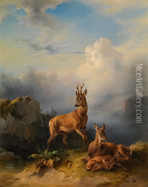 Deer Family Oil Painting - Friedrich Gauermann