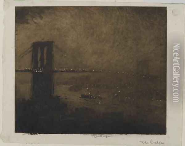Brooklyn Bridge at Night, 1922 Oil Painting - Joseph Pennell