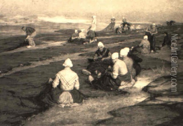 Mending The Fishing Nets Oil Painting - Edgard Farasyn