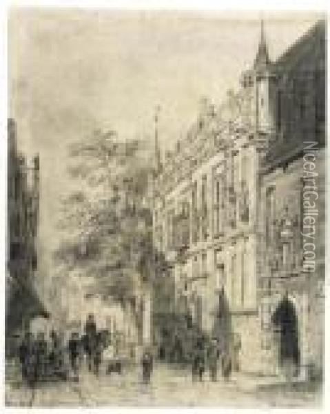 The Townhall At Kampen With Figures In A Street Oil Painting - Cornelis Springer