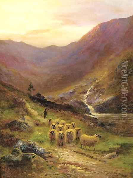 A shepherd and his flock in a Highland landscape Oil Painting - Daniel Sherrin