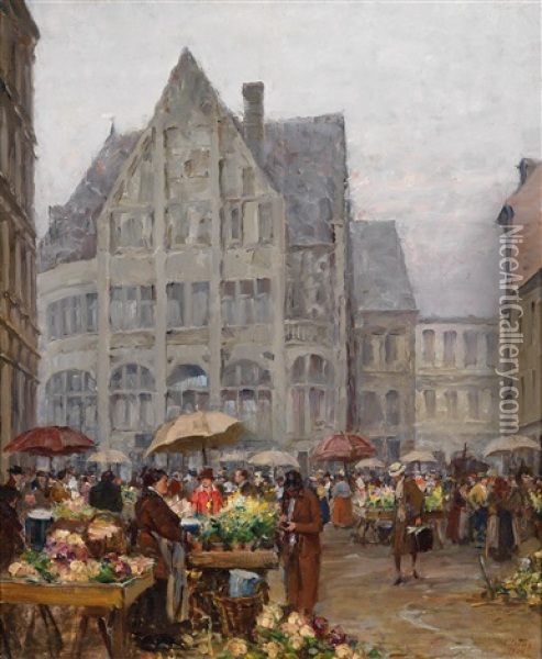 Blumenmarkt Am Platzl In Munchen Oil Painting - Charles Vetter
