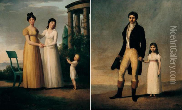 Portrait Of A Gentleman, Together With His Daughter, In An Open Landscape Oil Painting - Charles Paul Landon