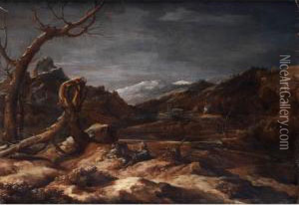 Bergige Landschaft Mit Zwei Einsiedlern Oil Painting - Marco Ricci
