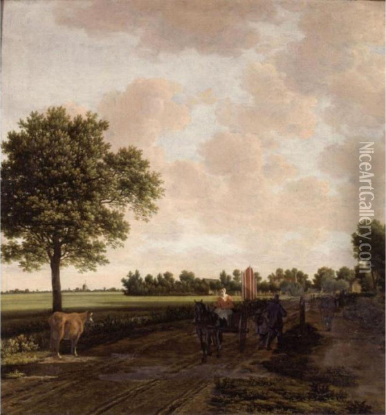 Landscape With A Peasant Woman Driving A Cart Oil Painting - Joris Abrahamsz Van Der Haagen