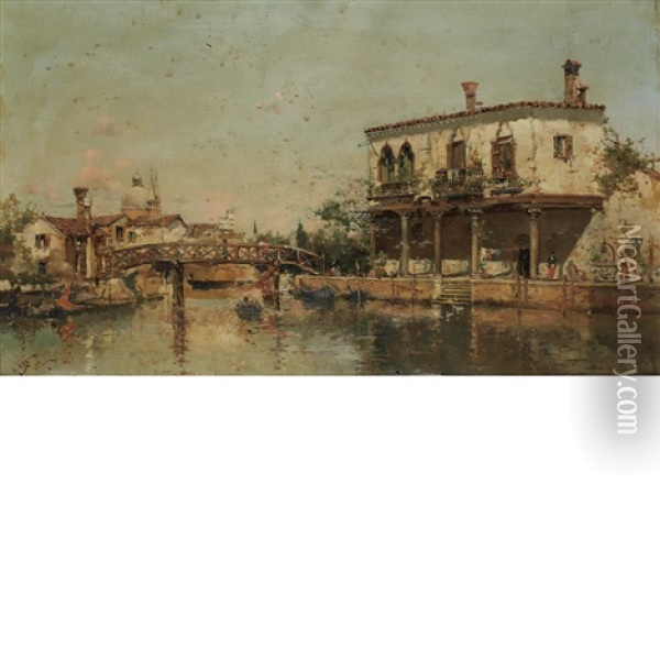Canal In Venice Oil Painting - Antonio Maria de Reyna Manescau